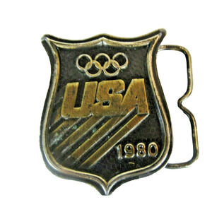 Vintage Belt Buckle 1980 Olympics Team USA Brass Badge Shield Shape Rare